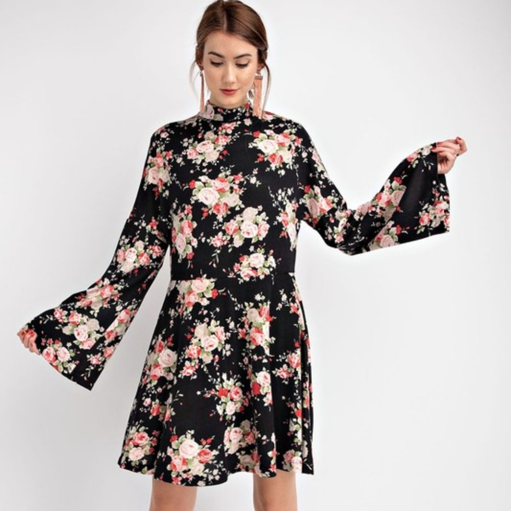 Easel Black Floral Print Mock Neck Soft Warm Dress - Picture 5 of 8